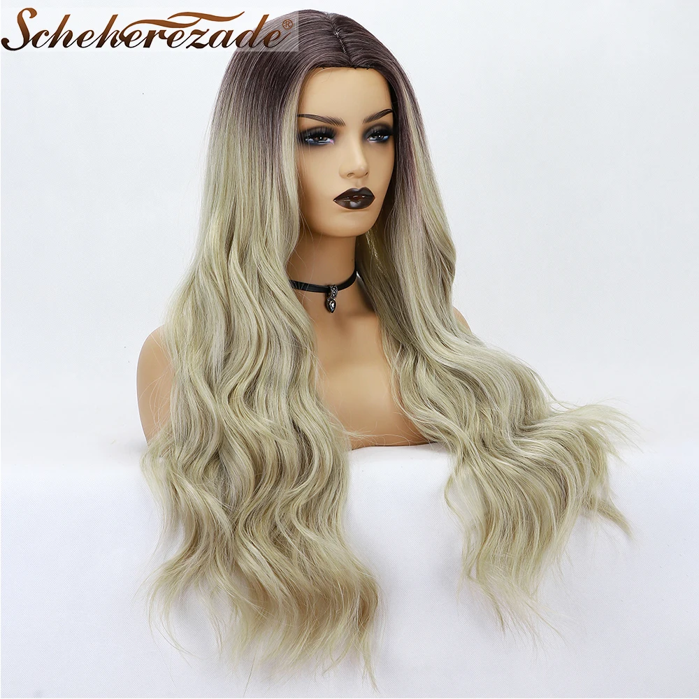 Scheherezade длинные волнистые синтетические парики средняя часть Омбре блонд парик