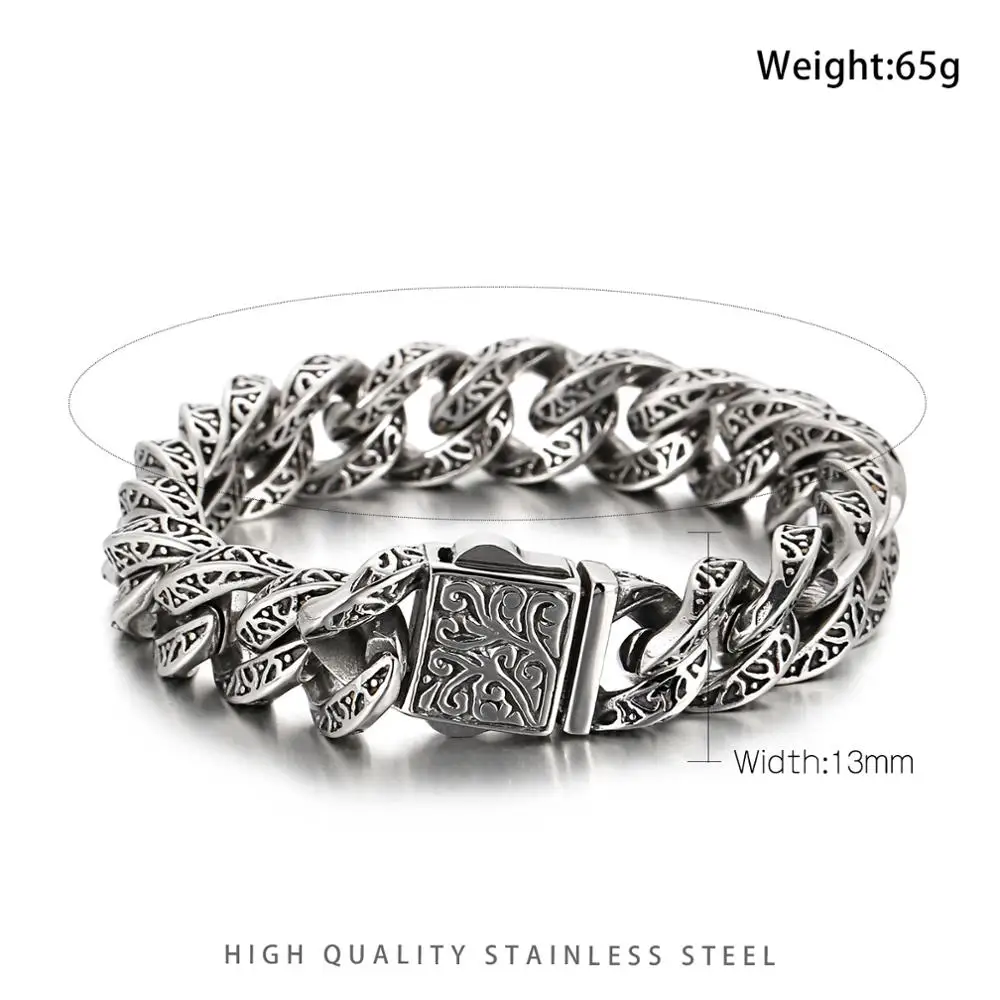 Мужской серебряный браслет 13 мм с узором листьев из нержавеющей стали 316