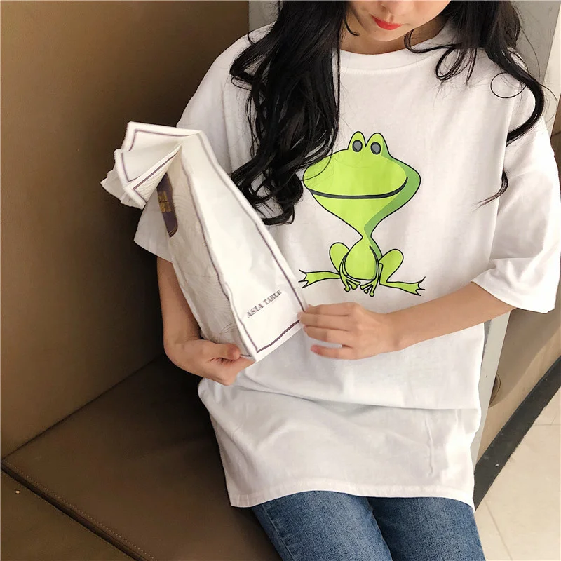 

T-shirts Women Cartoon Lovely Regular O-Neck Chic Summer Tops Womens Short Sleeve Trendy Loose Leisure Student BF T-shirt Korean