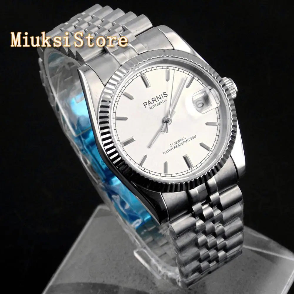 Женские автоматические часы parnis 36 мм яркие светящиеся знаки циферблат белого