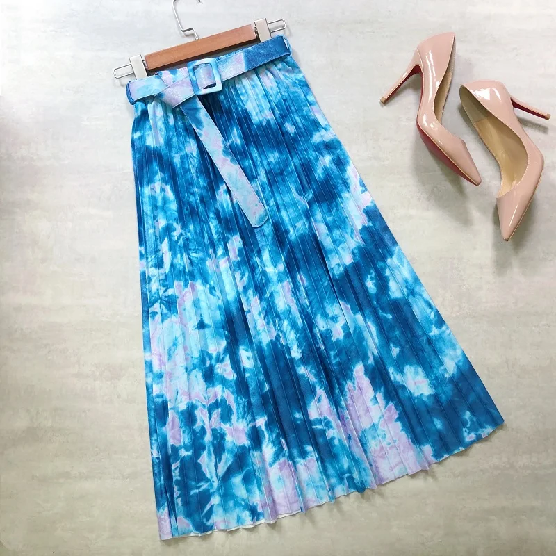 

Женская плиссированная юбка миди, элегантная офисная одежда с чернильным поясом, длинные юбки до середины икры с высокой талией, модная юбк...