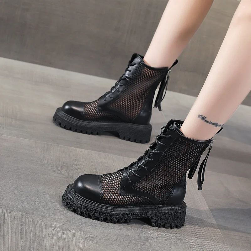 

2021 Women Boots Summer Female Genuine Leather Shoes Lady Fashion Short Boots All Match Breathable Platform Hollow Black 35-40