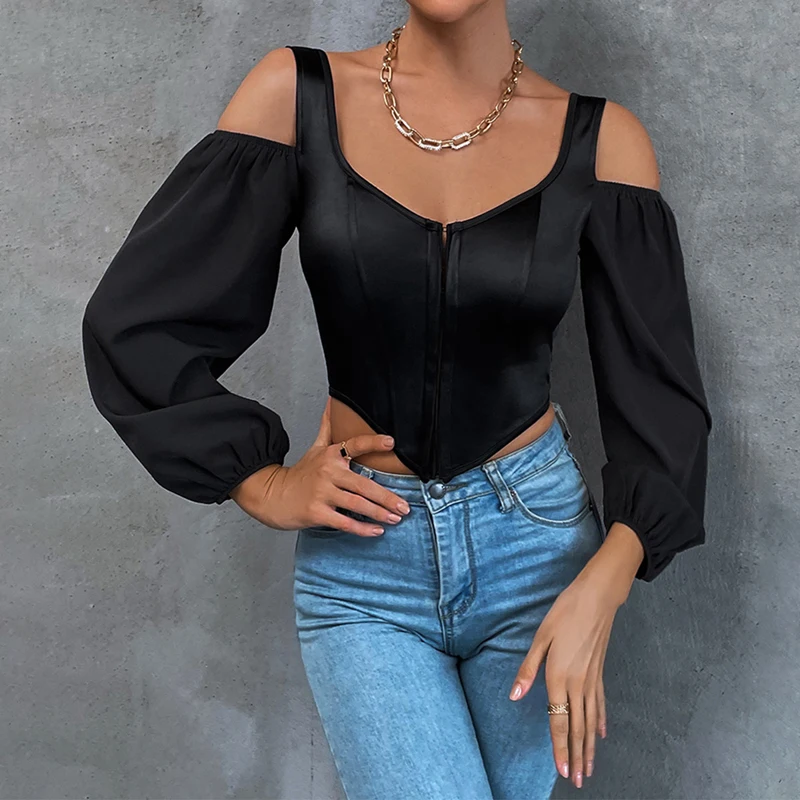 

Женский однотонный корсет с рукавами-фонариками и открытыми плечами