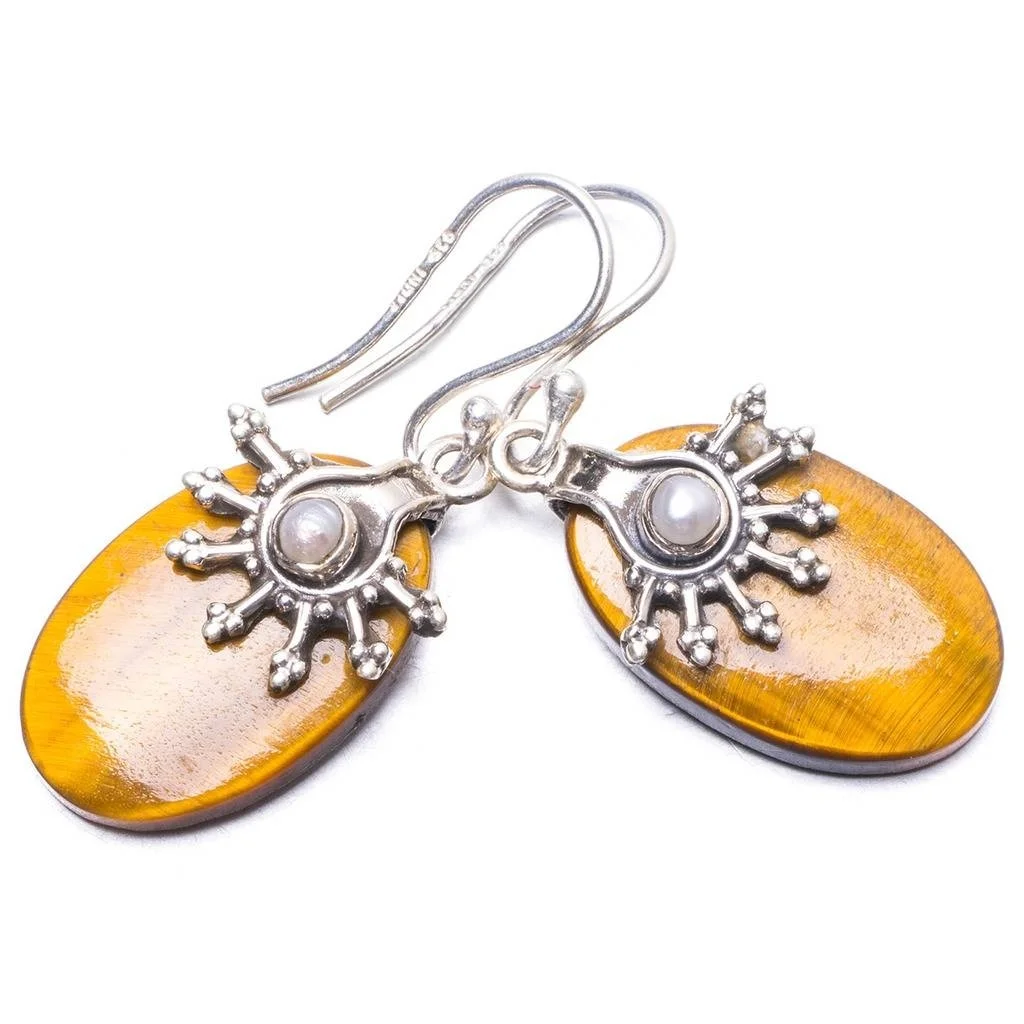 Серьги из серебра 925 пробы с натуральным тигровым глазом и речным жемчугом 1 5