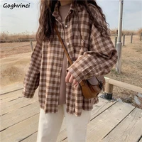 plaid shirts women spring retro pocket long style long sleeve sun protective loose vintage all match students korean trendy chic