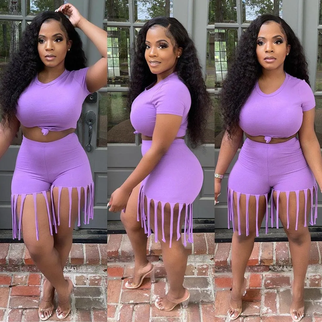 

Новый Acitve однотонные Для Женщин Комплект Спортивный костюм класс кроп-топы с бахромой по низу шорты в комплекте два комплекты из 2 предметов...