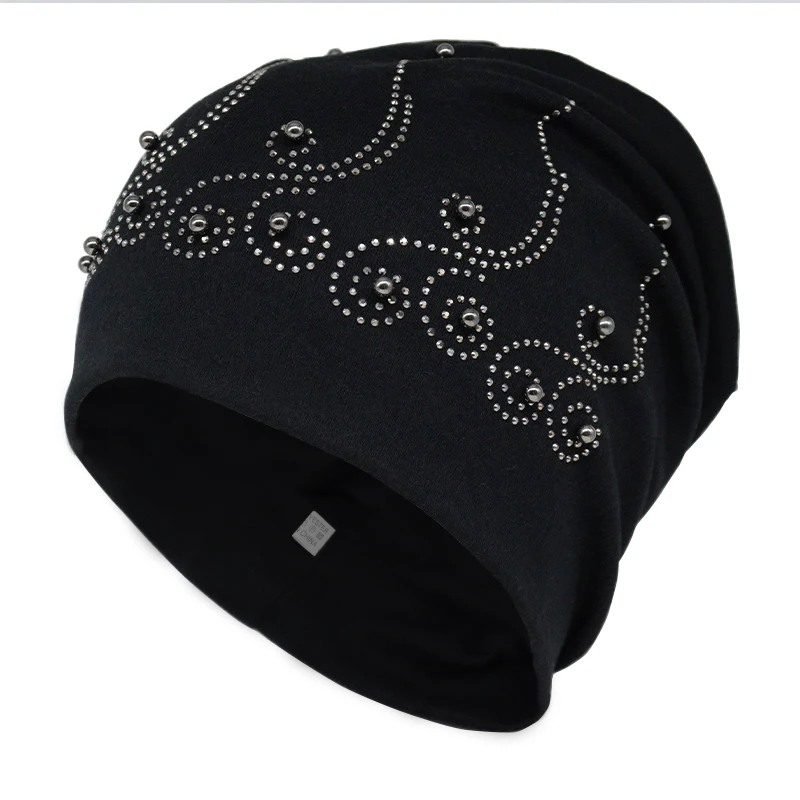 

Brand Autumn Pearls Rhinestones Beanies for Women Casual Cotton Soft Warm Slouchy Beanies Hat for Ladies Skullies&Beanies