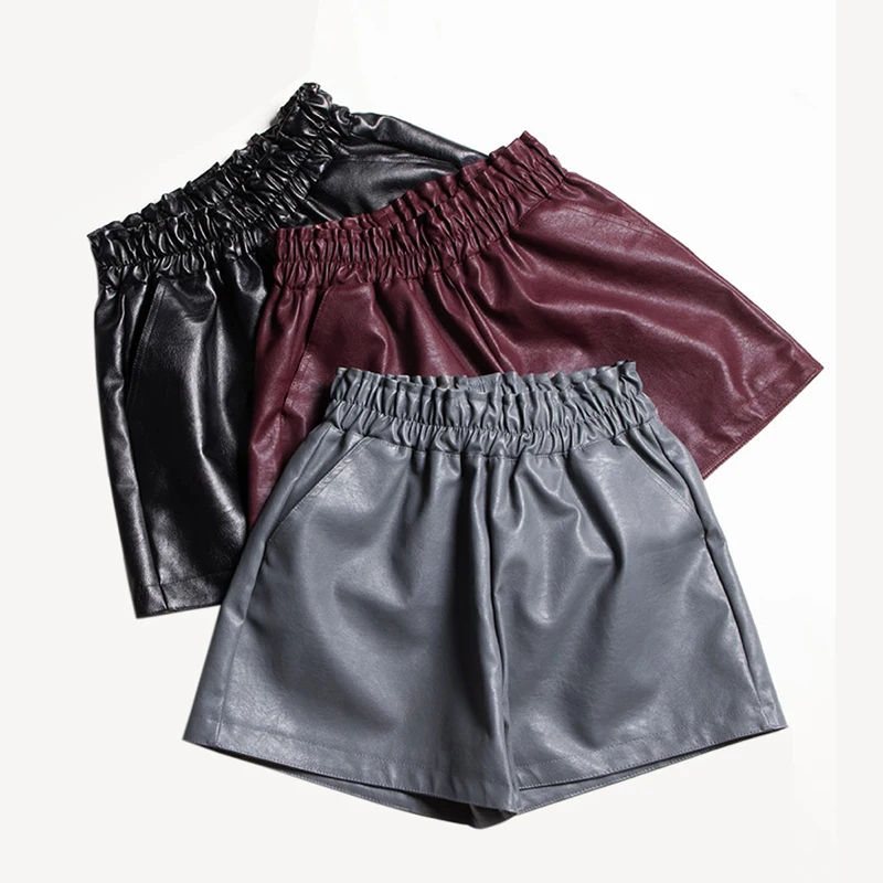 

Эластичные свободные кожаные шорты с высокой талией, женские широкие шорты в английском стиле, черные модные осенне-зимние женские шорты