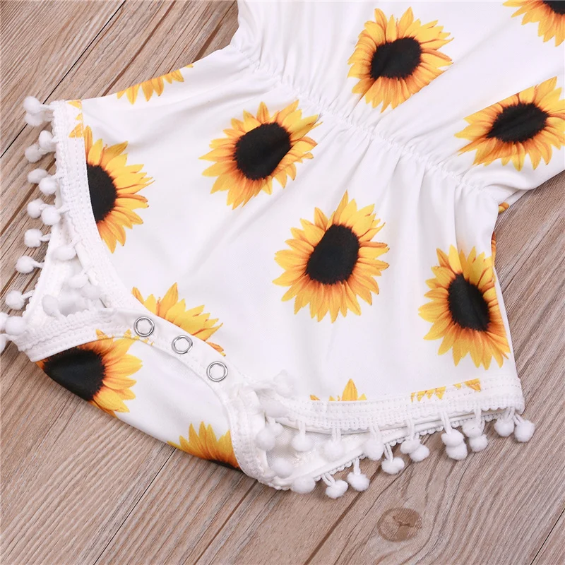 

Infant Baby Girl Sunflower Printed Romper Sleeveless Back Up Fold Tassels One-piece Clothes Bow Hairband 0-18M Newborn Toddle