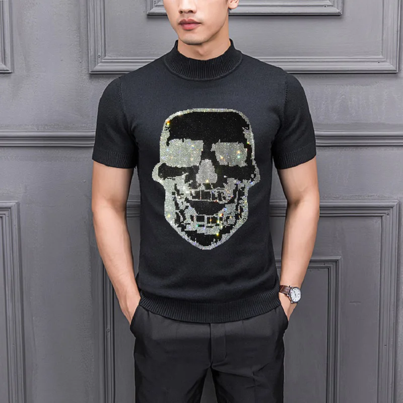 

Rhinestone Knitted Male Skull Hot Semi Sweater Men's Short-Sleeved Sports Diamond High-Quality Designer Tops