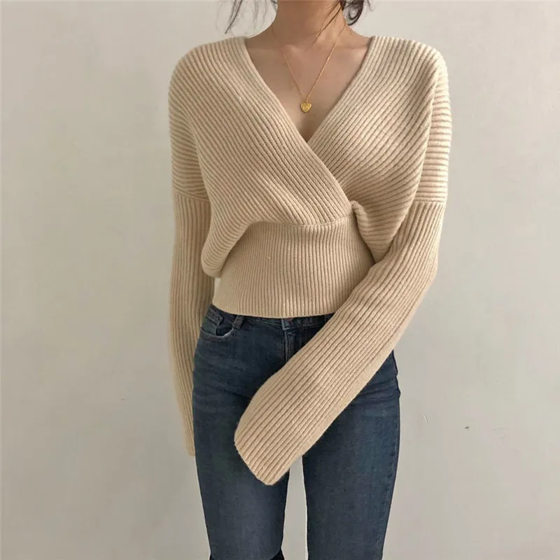 

Vintage Elegant Simple Solid Sweater for Ladies Chic Simple Solid All-match Sweater Cropped Cross Pullovers 2020 Women's Sweater