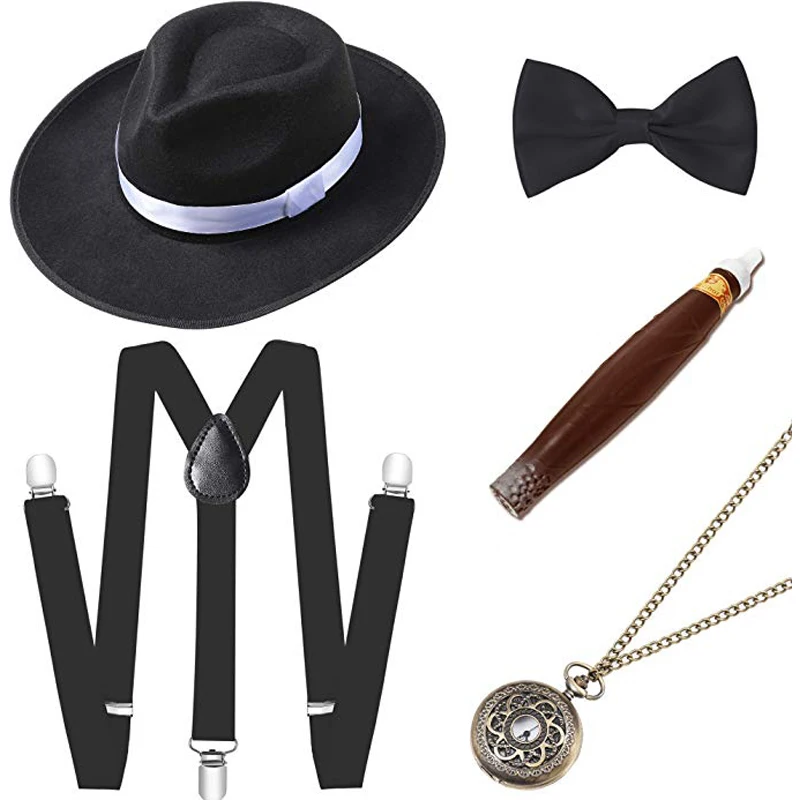 Cosplay Costumes 1920s Mens Gatsby Gangster Costume Accessories Set 30s Manhattan Fedora Hat Suspenders - Цвет: Белый