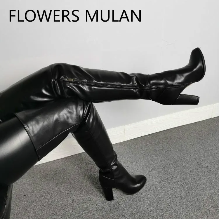 Высокие сапоги до бедра женская зимняя обувь из черной кожи женские дизайнерские