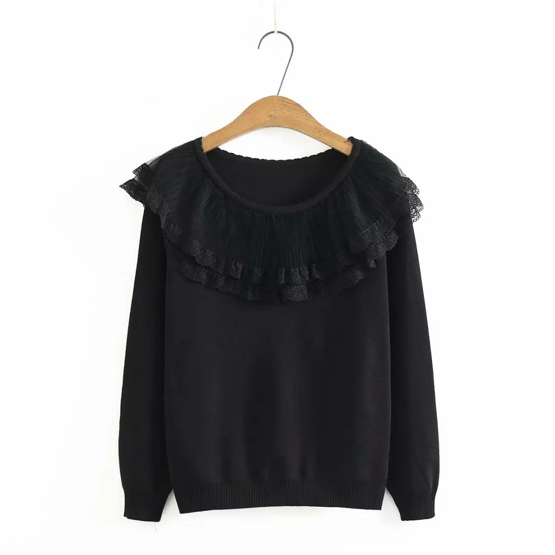 

Женский свитер оверсайз на осень и зиму, новинка 2021, женская одежда черного и белого цвета, модный кружевной женский джемпер в стиле пэчворк ...