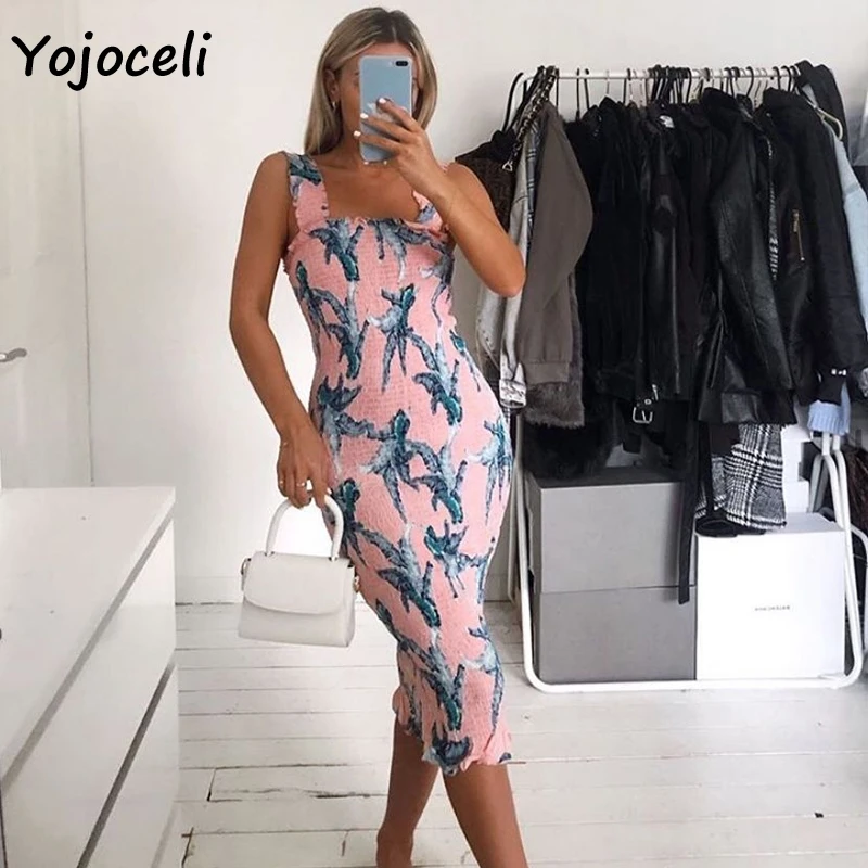 Женское платье с рюшами Yojoceli Пляжное облегающее в стиле бохо сарафан принтом