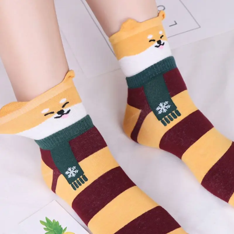 5 пар женские носки до лодыжки с объемными ушками Мультяшные животные в полоску