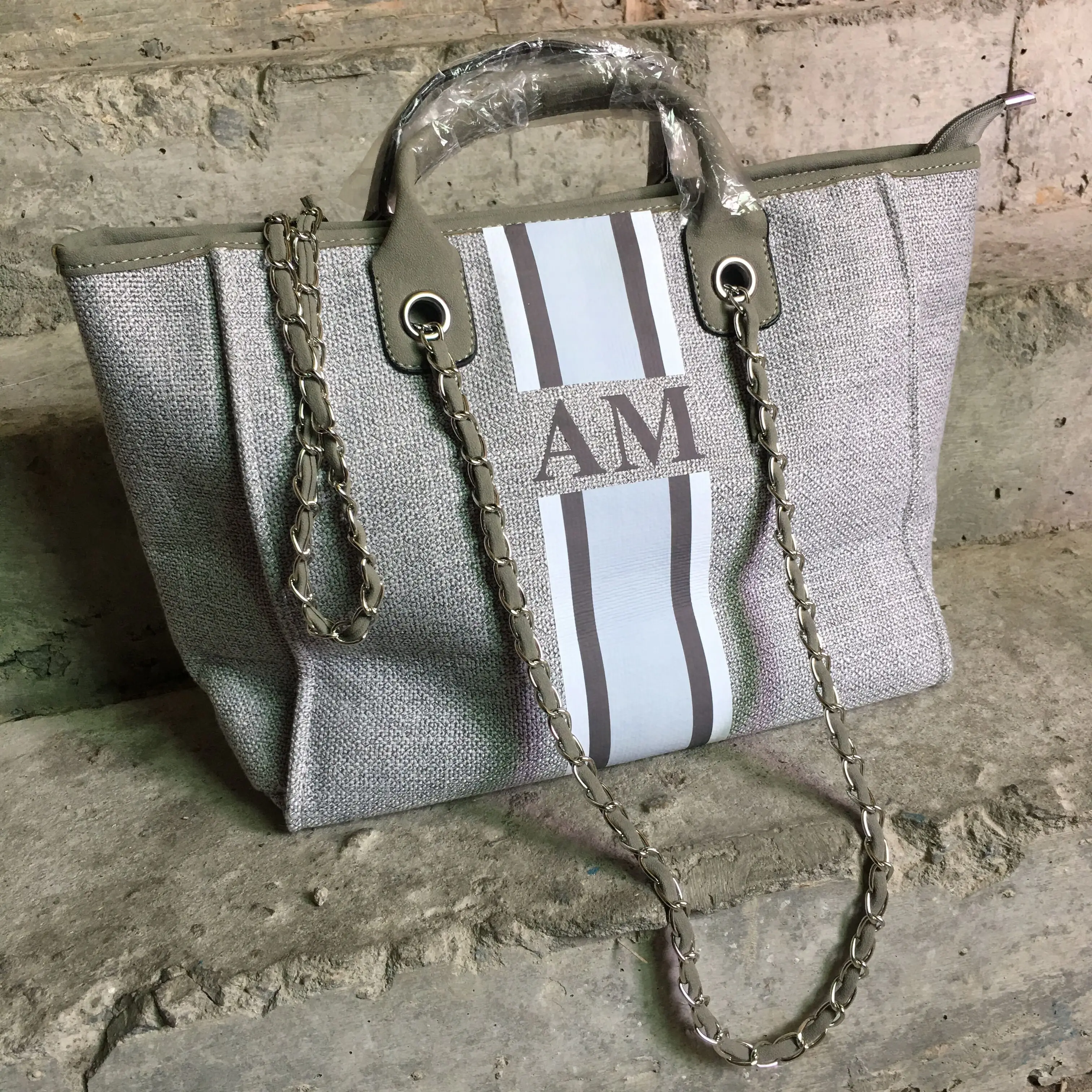 

Custom monogrammed striped bridal honeymoon canvas handbags shopping shoulder jute bag Bridesmaid gift beach mommy bags