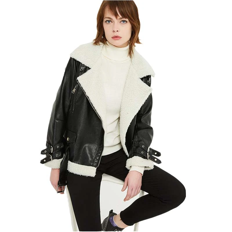 Осенне зимняя красная байкерская куртка из искусственной кожи Sherpa для женщин