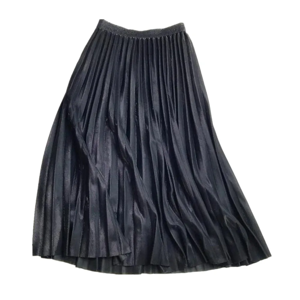 

Женская плиссированная юбка средней длины, черная эластичная винтажная трапециевидная юбка с металлическим узором