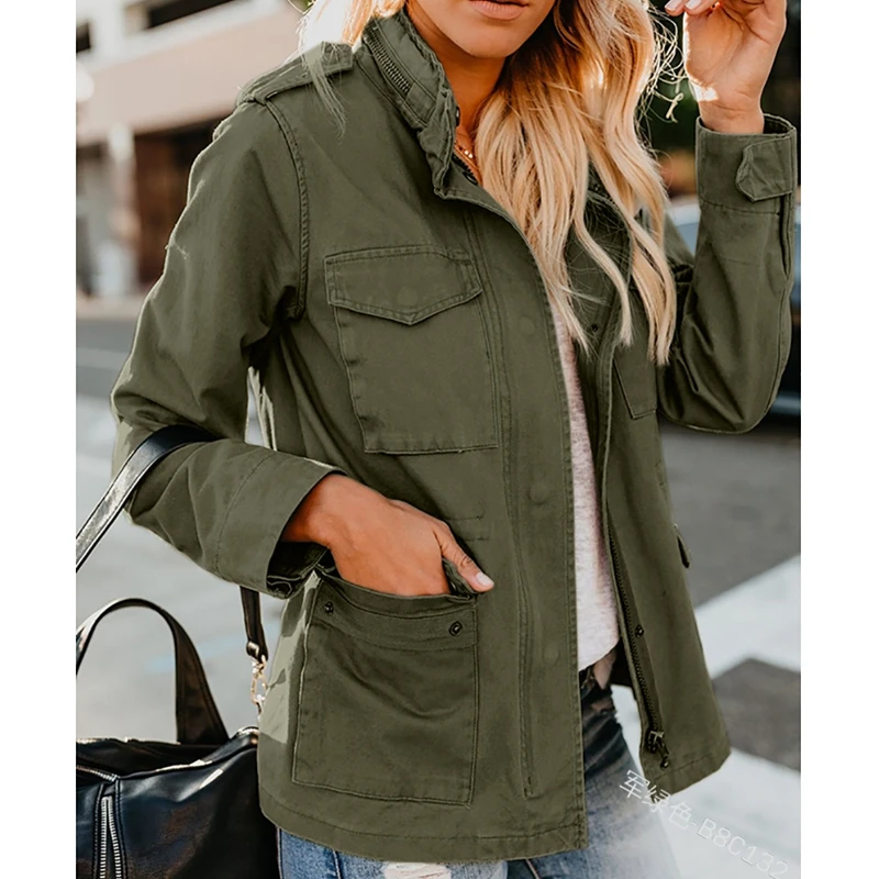 

WEPBEL Coat Women's Casual Solid Color Loose Zip Coat Spring Autumn Fashion Long Sleeve Button Turn-down Collar Pocket Coat