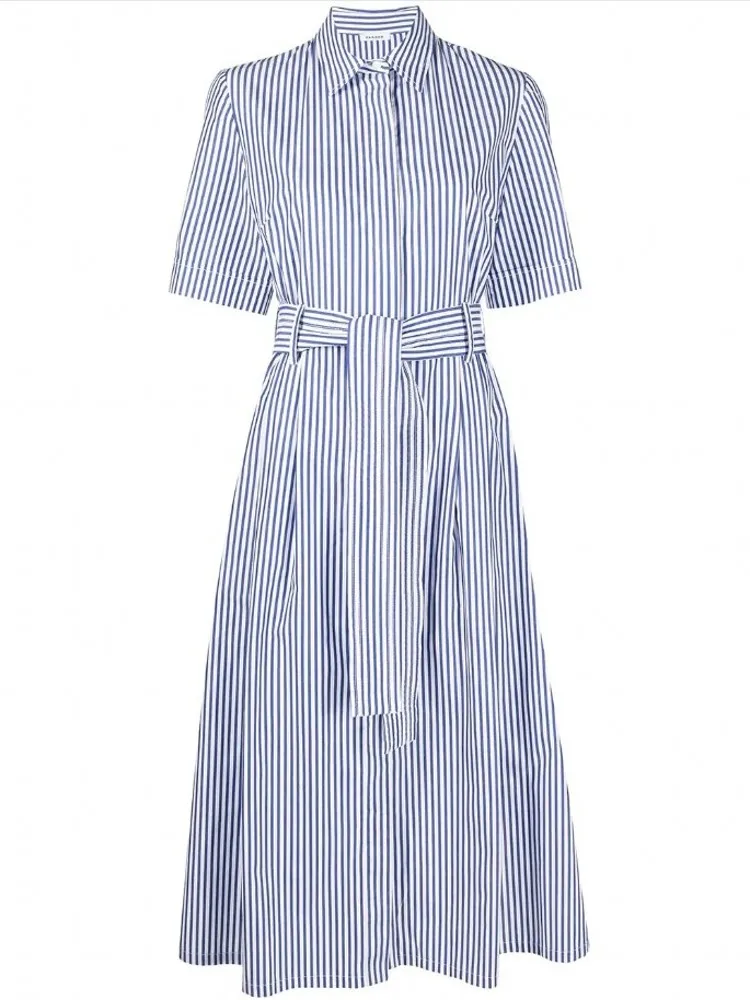 

Short Sleeve Shirt Dress 2021 New Summer Casual Commute Shirt Dresses Women Striped Quality A-line Mid-calf Dress Vestidos