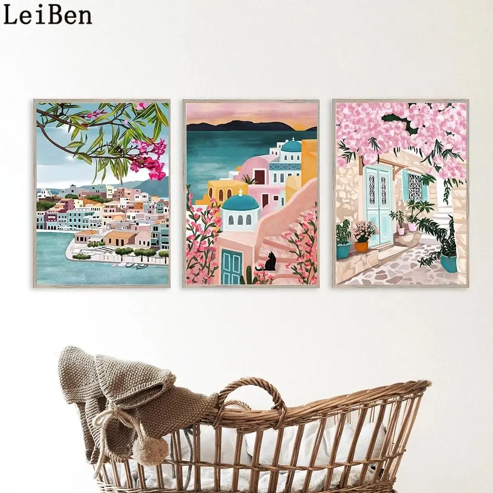 Путешествия греческий постер Санторини Эгейский море холст живопись