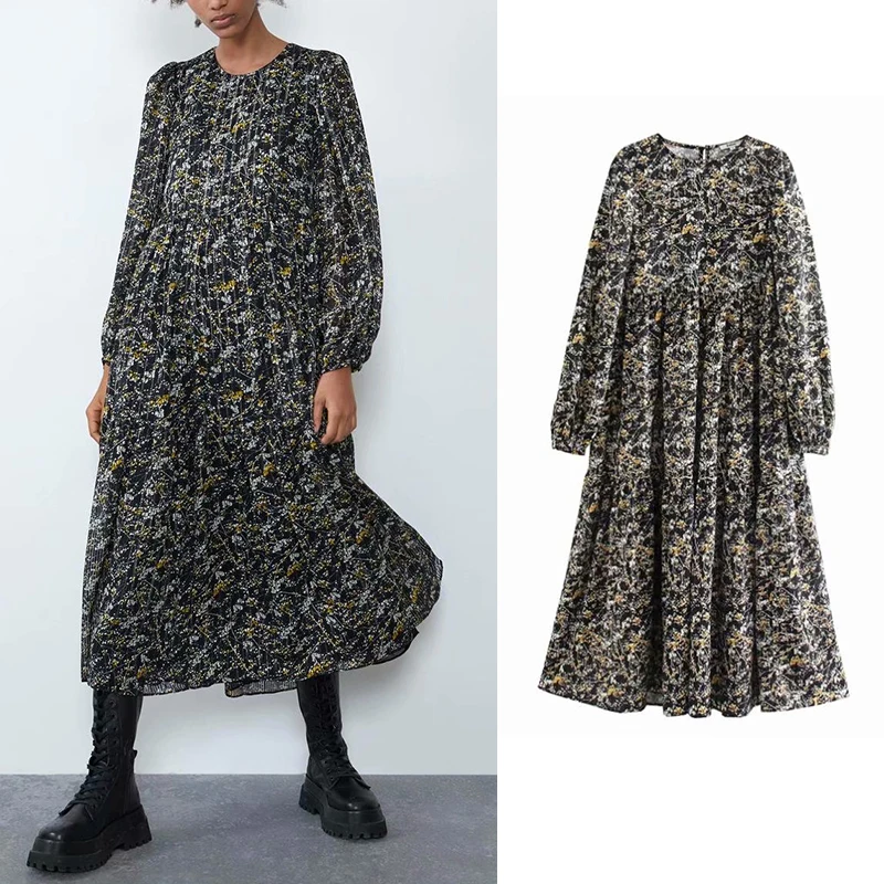 Женское драпированное платье za весеннее свободное до середины икры с