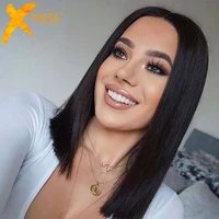 synthetic lace hair wigs black color x tress yaki straight shoulder length short bob blunt lace part wig for women natural look