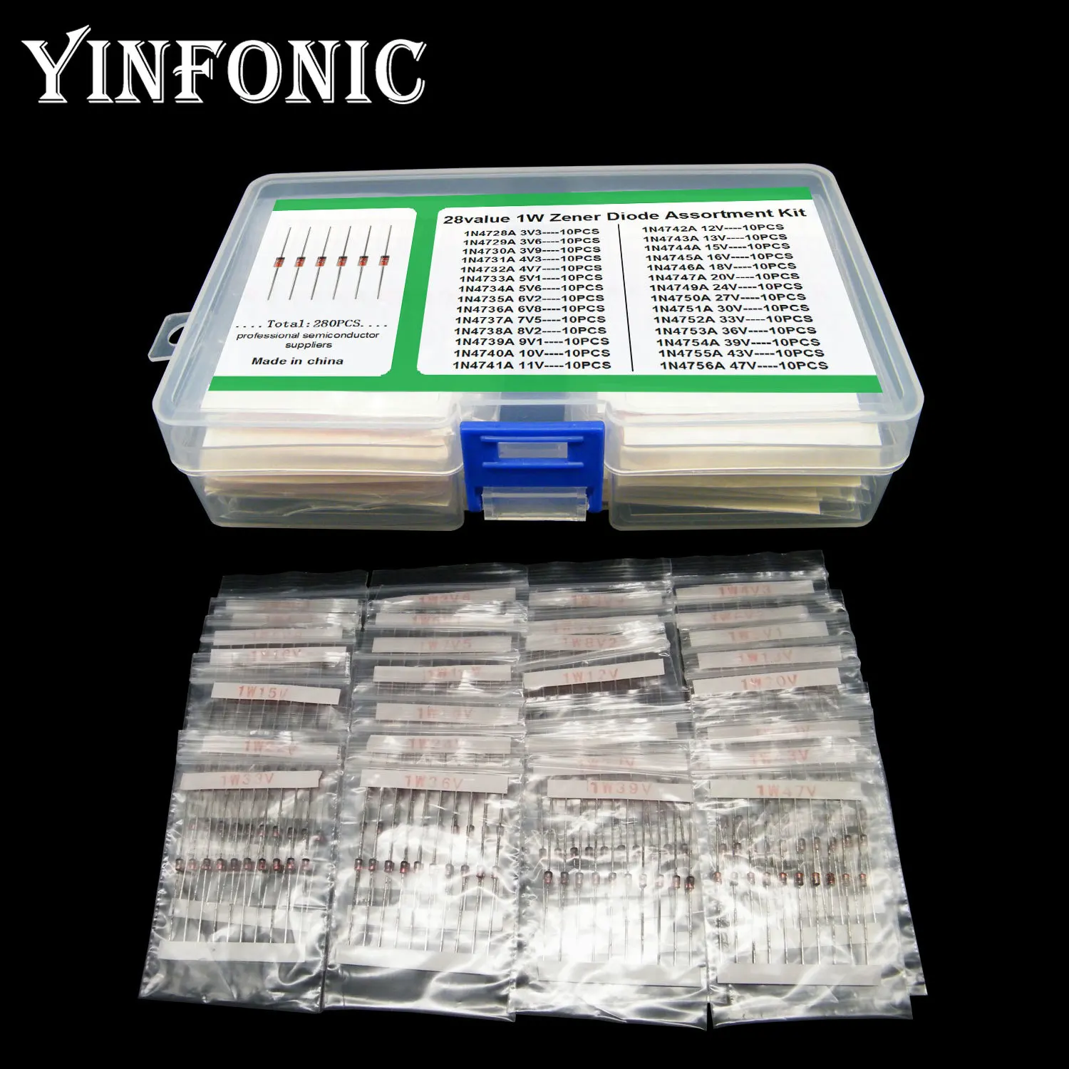Комплект диодов стабилитра 1 Вт 1N4728-1N4756A 3,3-47 в, 28 значений X 10 шт.