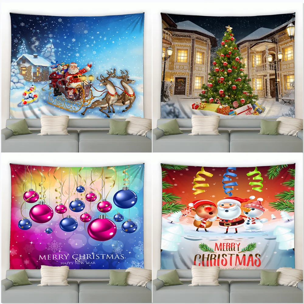 

Christmas Tapestry Funny Santa Claus Snowman Elk Christmas Balls XMAS Background Wall Hanging Tapestries Holiday Decor Blanket