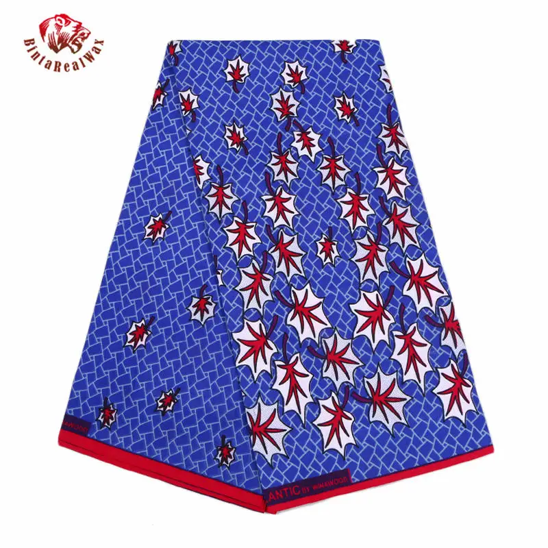 

Bintarealwax African Fabric Polyester Maple Leaf Pattern Ankara Meterial for Sewing 6 Yards/Lot Handwroking DIY Tissus FP6094