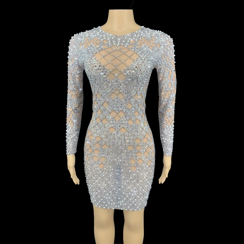 Блестящее Сетчатое короткое платье стразы с длинным рукавом женское на день