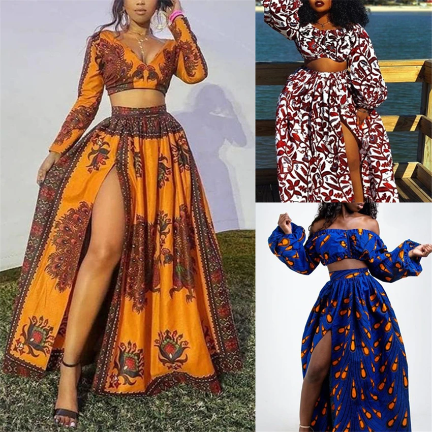 Модные африканские платья для женщин Дашики печати Макси платье плеча с топом