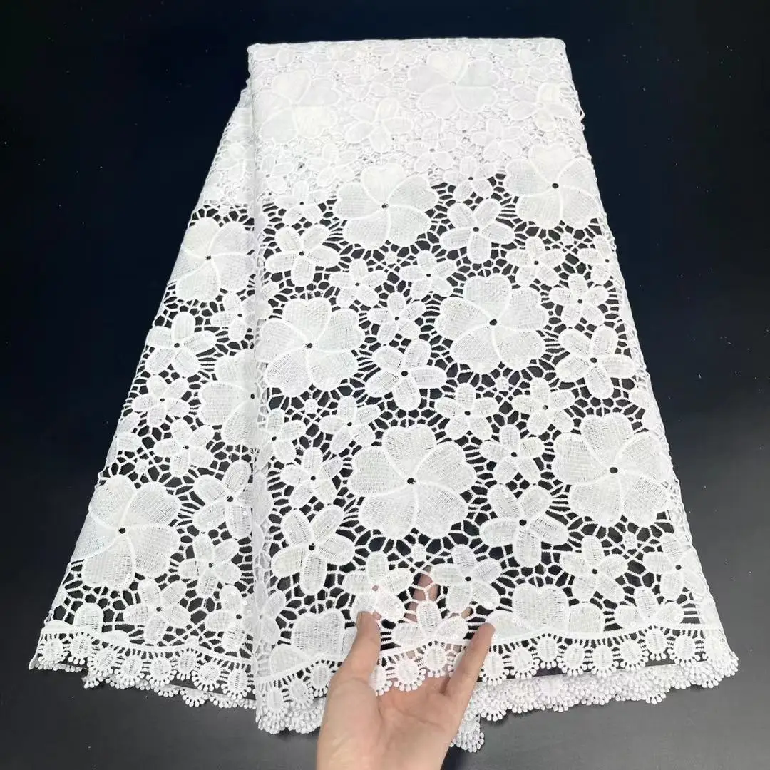 

Pure White African Guipure Cord Lace Fabric 2021 High Quality Water Soluble Milk Silk Laces Nigerian Sequins Mesh Lace Wedding