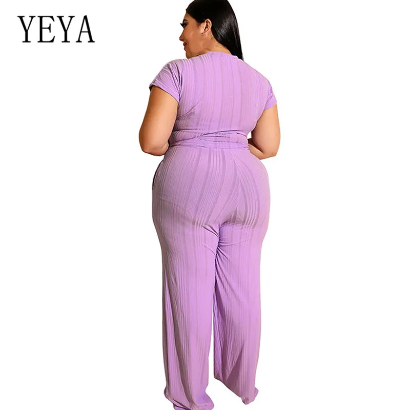 YEYA большой Размеры 4XL 5XL Винтаж широкий комбинезон с длинными рукавами комплекты из двух предметов комбинезон с коротким рукавом Для женщин костюмы «плюс сайз» Повседневное комбинезоны