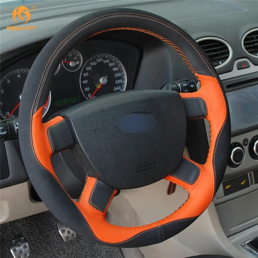 Черно-оранжевая кожаная замшевая обивка рулевого колеса для автомобиля Ford Focus 2 2005-2011.