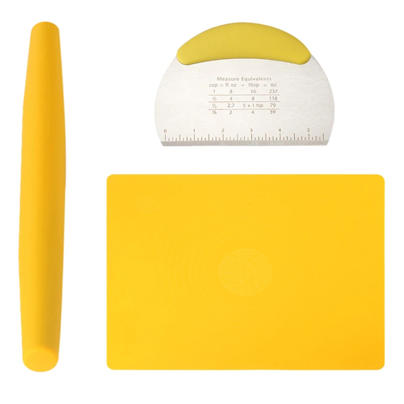 

3PCS Silicone Pastry Mat Set Measuring Counter Mat Dough Rolling Mat Rolling Pin Reusable Noodle Knife For Biscuits Breads
