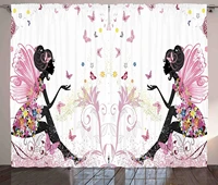 girls window curtains fairy girl with wings in a floral dress magical fantasy garden flying butterflies living room bedroom