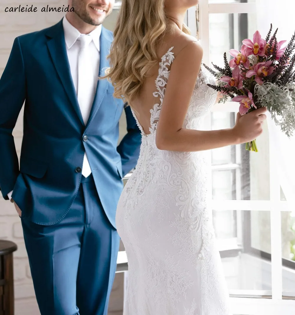 

Sexy Back Scoop Mermaid Lace Wedding Dresses with Unique Lace Appliques New Arrival Bridal Gowns White Dress
