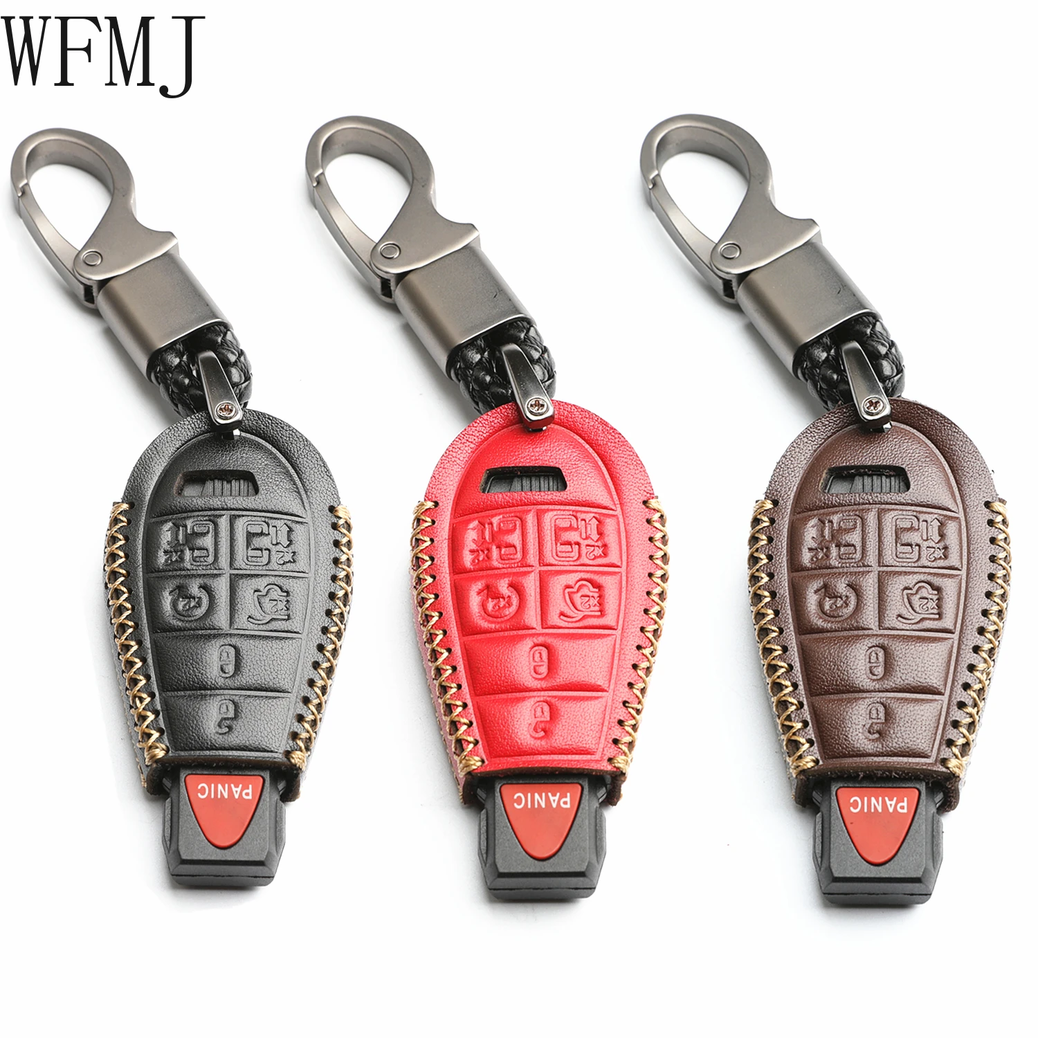 WFMJ Leather for Chrysler Town and Country Dodge Grand Caravan Remote Smart 7 Buttons Key Case Holder Cover Fob Chain