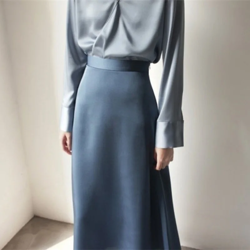 

Women's Skirt Korean Style A-line Satin Blue Black High Waist Ankle Length Woman Skirts Mujer faldas Femme Jupes Saias Mulher