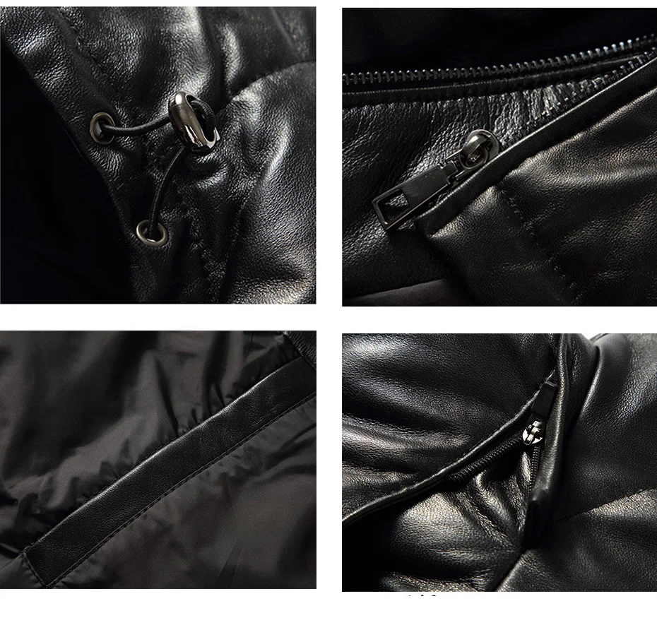CARANFIER Mens Winter Warm Black Genuine Leather Real Lambskin Duck Down Hooded Jackets Coats Jaqueta De Couro Deri Ceket