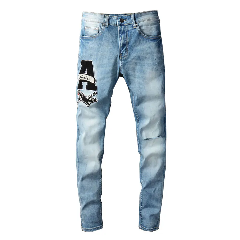 American Street Style Fashion Men Jeans Elastic Cotton Slim Ripped Jeans Men Embroidery Patch Designer Hip Hop Denim Punk Pants