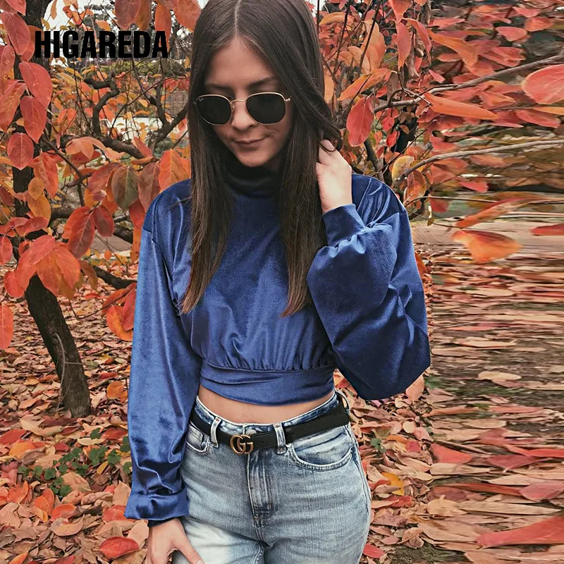 

Women Fashion Streetwear Long Sleeve Turtleneck Hoodies Tops Pullovers Velvet Short Puff Soild