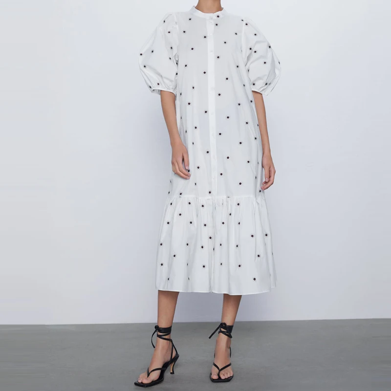 Женское платье средней длины с вышивкой летнее короткое пышными рукавами и