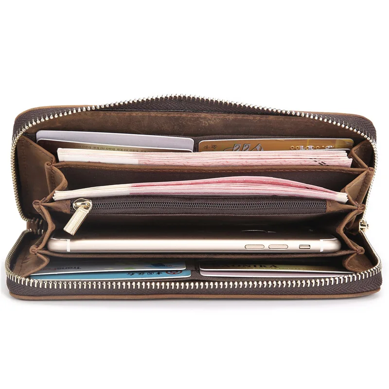 Genuine Leather Men's Long Wallet Vintage Card Holder Slim Passport  Clutch Money Bag Luxury Phone Box Zipper Poucht Coin Pocket
