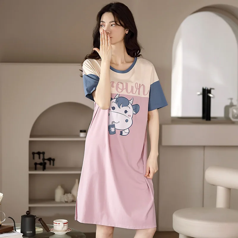 

2020 Summer Night Dress Women Plus Size Nightgown Cartoon Pj Set Print Sleepshirts Short-sleeves Nightie Nightdress Cotton Slee