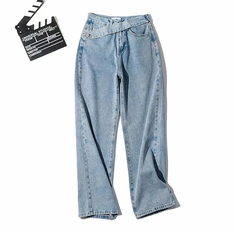 

Vintage Asymmetric Waist Straight Woman Jeans High Waist Denim Wide Leg Pants Loose Boyfriend Jeans 2020 Autumn