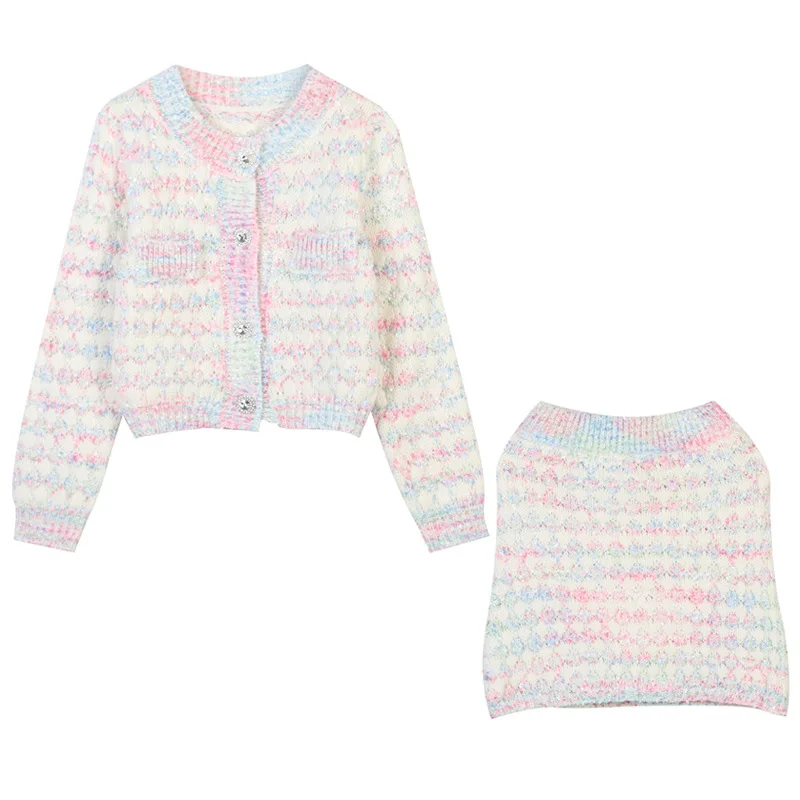 

Новинка Осень-зима 2021, трикотажный кардиган контрастных цветов + трикотажная короткая юбка, милый костюм из двух предметов для самостоятель...