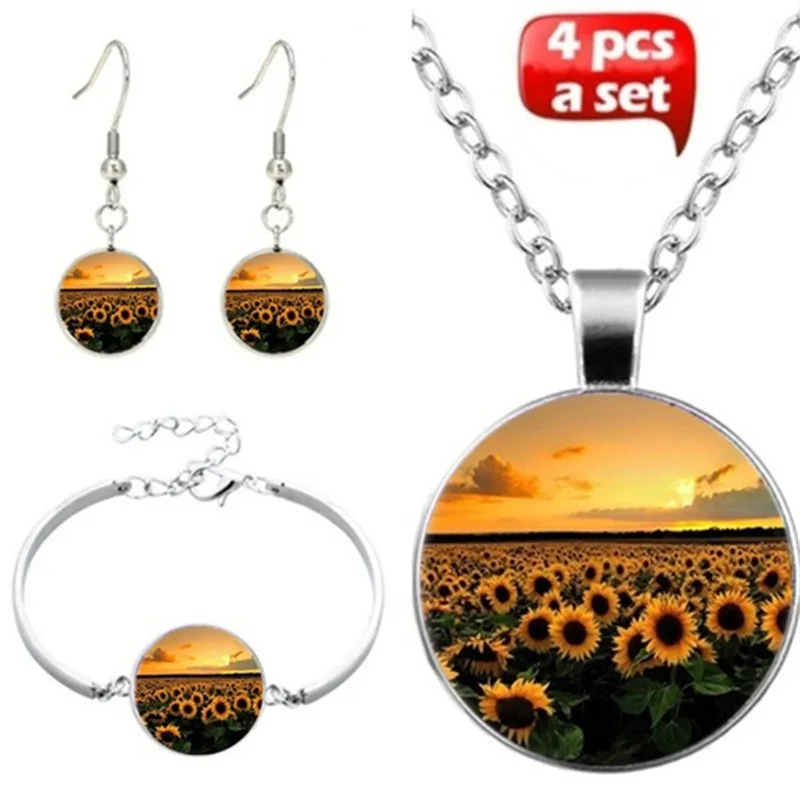 

Sunflower Art Photo Jewelry Set Cabochon Glass Pendant Necklace Earring Bracelet Totally 4 Pcs for Women's Fashion Party Gifts